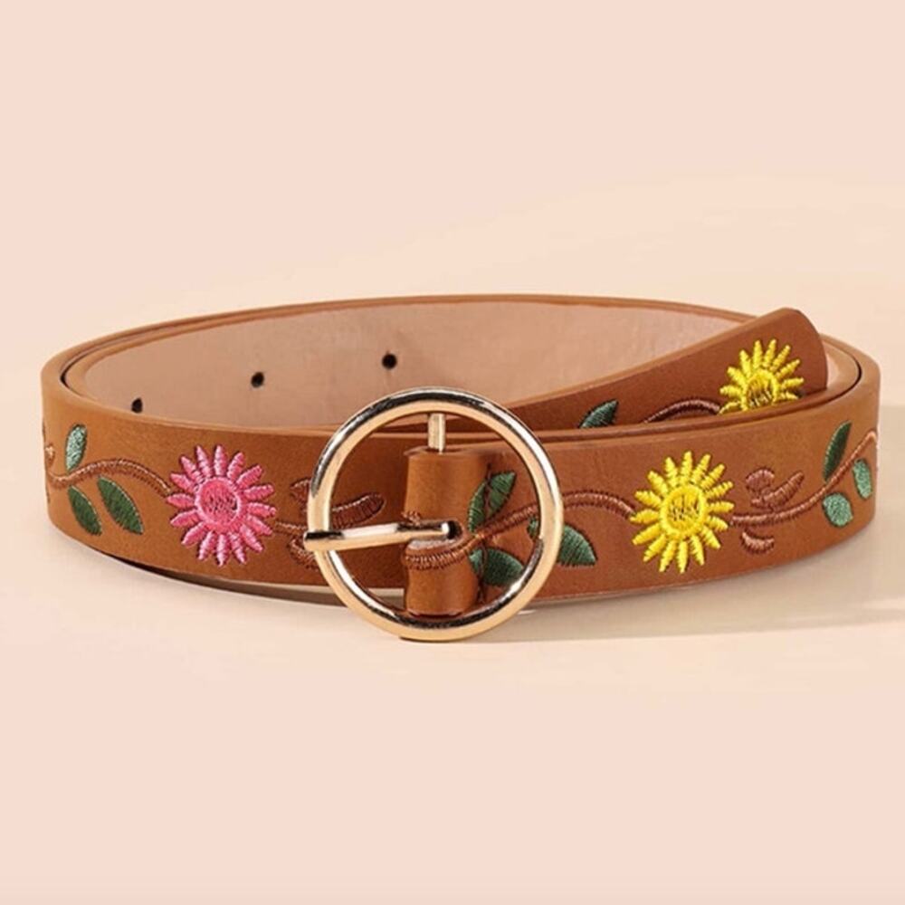 Belt Camel Tan Floral Embroidery Flowers Vegan Leather 31"-37" Total 41" - Picture 3 of 8